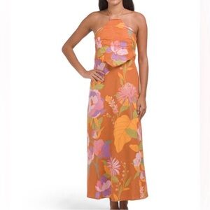 CAROLINE CONSTAS Linen Blend Halter Floral Printed Midi Dress Women’s X-Small